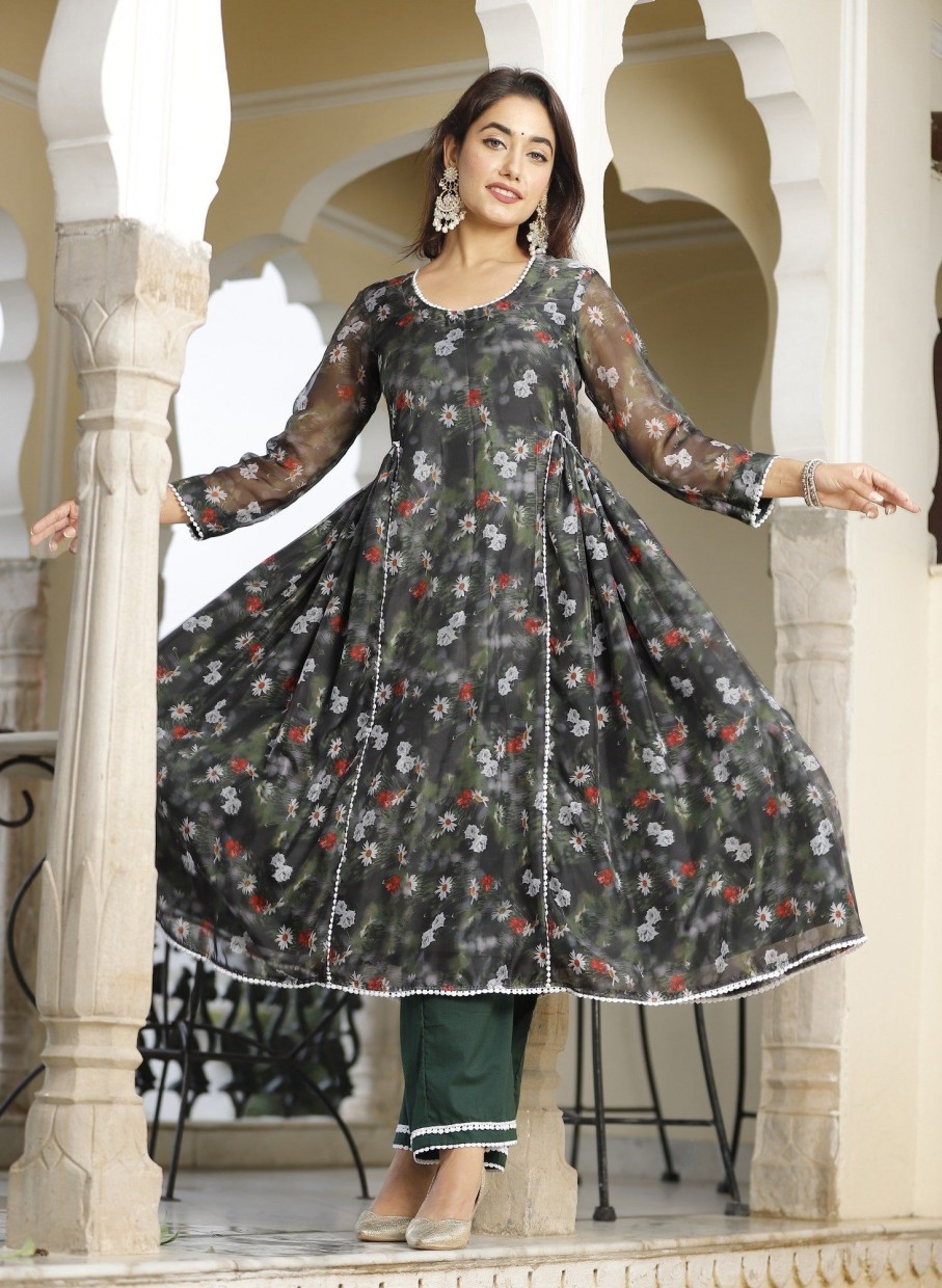 Women Lado Jaipuri | Women'S White And Red Rose Orgenza Set - Lado Jaipuri Green