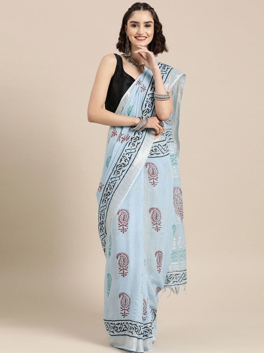 Women Yufta | Women'S Sky Hand-Block Printed Woven Saree With Blouse - Yufta Blue