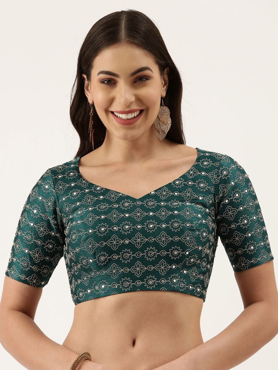 Women Royal Dwells | Women'S Green Mirror Work Pure Silk Blouse - Royal Dwells