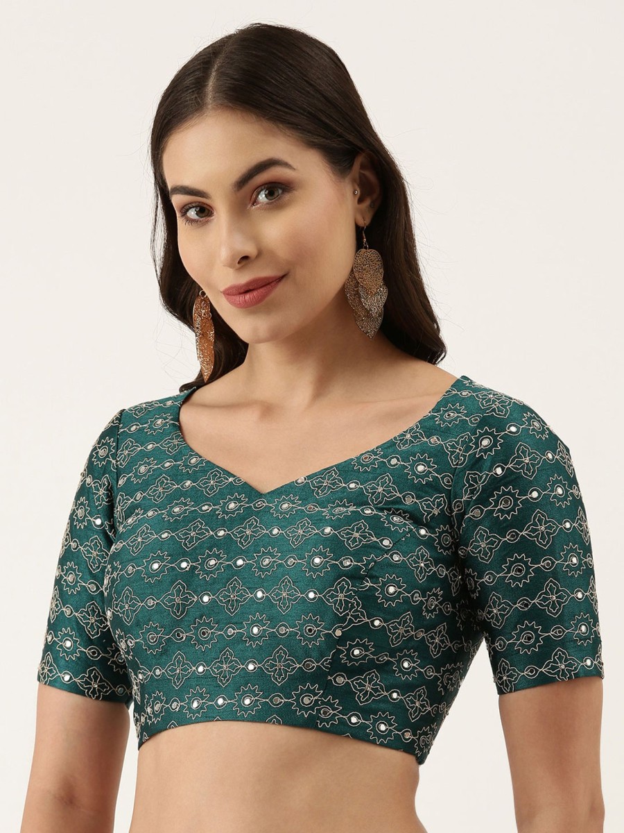 Women Royal Dwells | Women'S Green Mirror Work Pure Silk Blouse - Royal Dwells