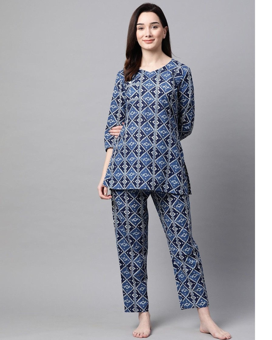 Women Meeranshi | Women'S Indigo Blue U0026 White Printed Night Suit - Meeranshi