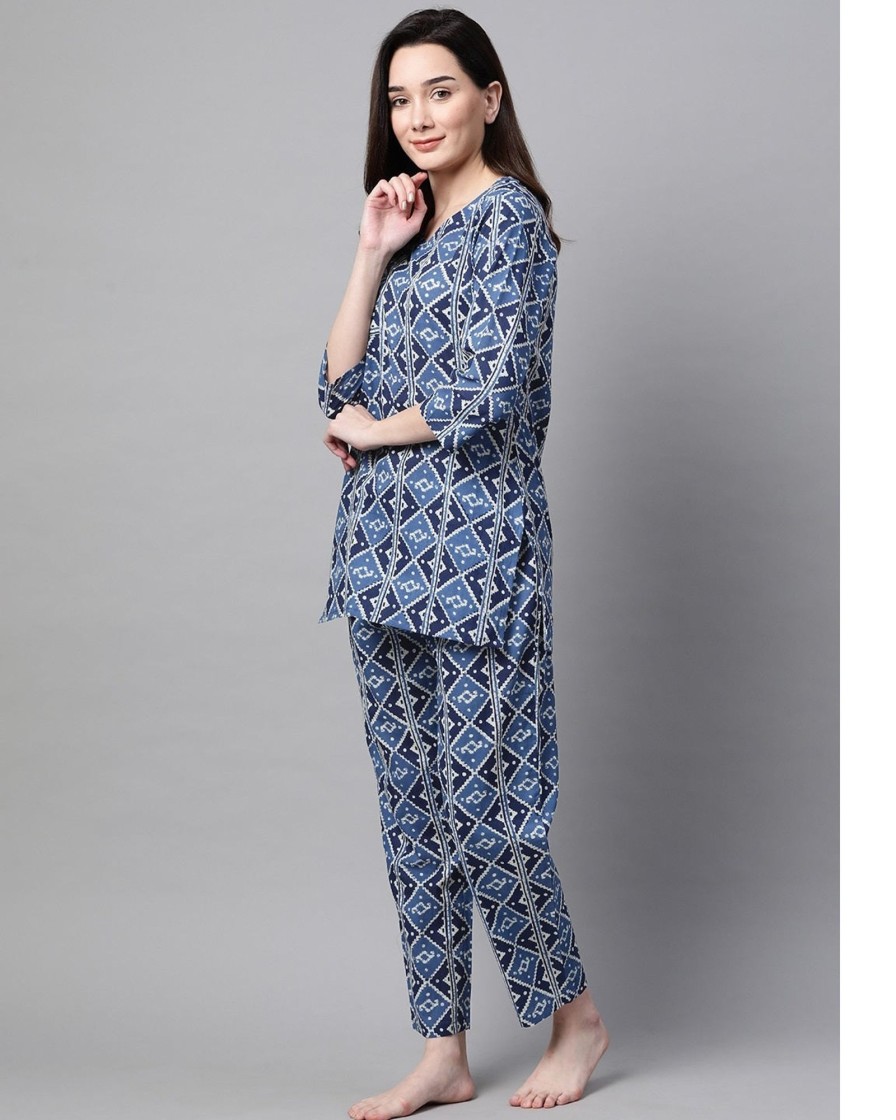 Women Meeranshi | Women'S Indigo Blue U0026 White Printed Night Suit - Meeranshi