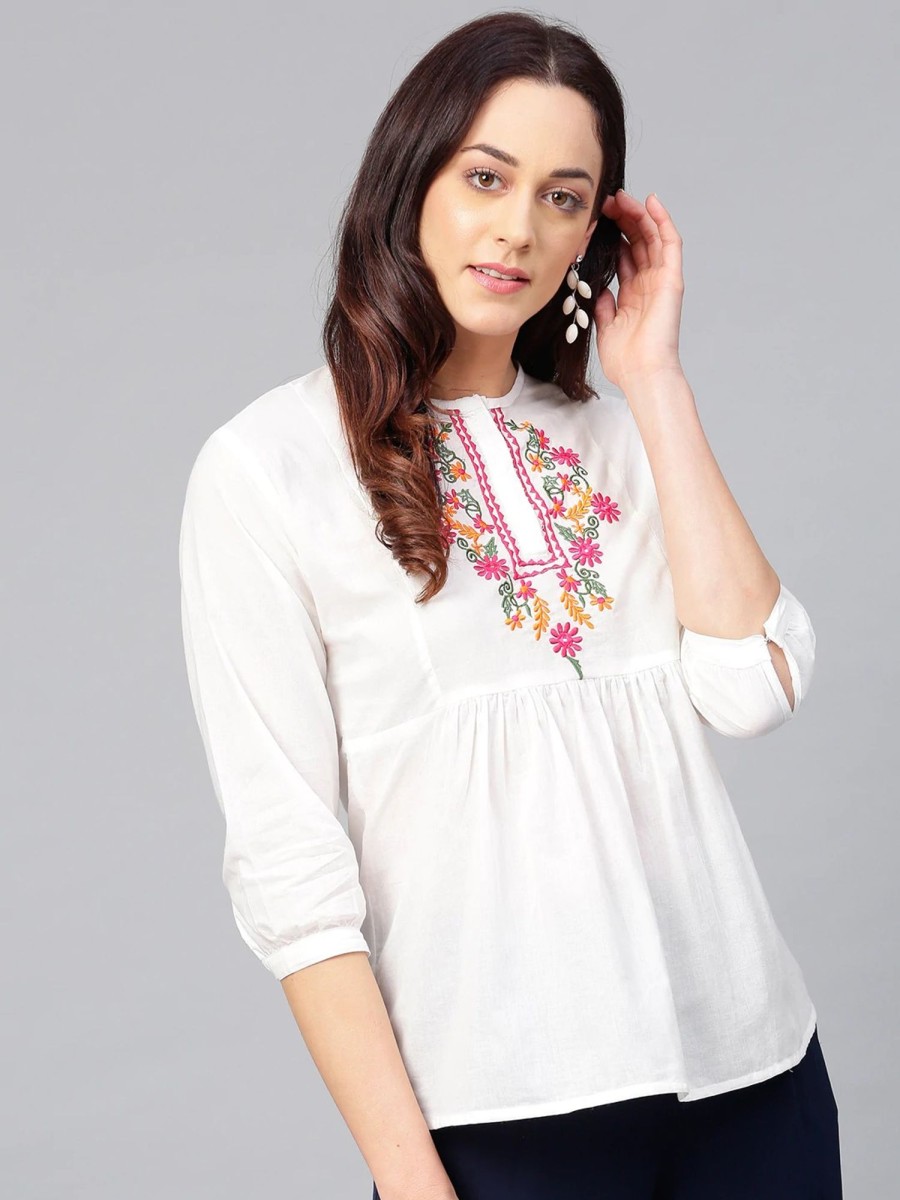 Women Wahe-NOOR | Women'S White Tunic With Embroidered Detail - Wahe-Noor