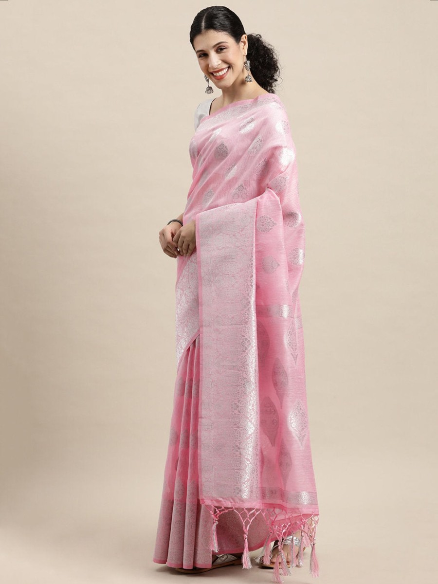 Women Sangam Prints | Women'S Pink Linen Silver Zari Work Traditional Tassle Saree - Sangam Prints