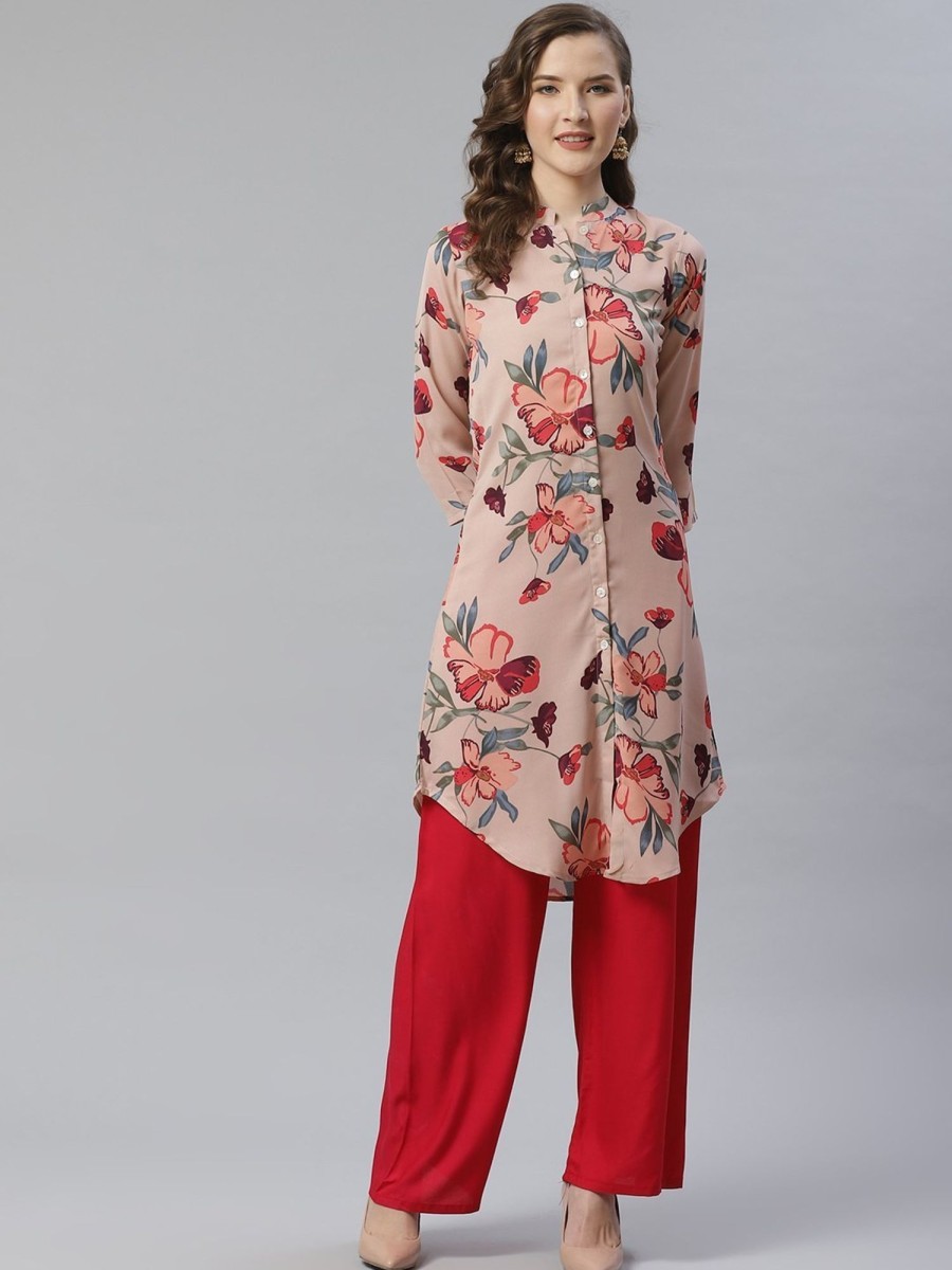 Women Jompers | Women'S Peach U0026 Red Printed Summer Cool A Line Kurta - Jompers