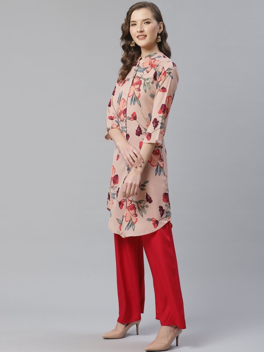 Women Jompers | Women'S Peach U0026 Red Printed Summer Cool A Line Kurta - Jompers