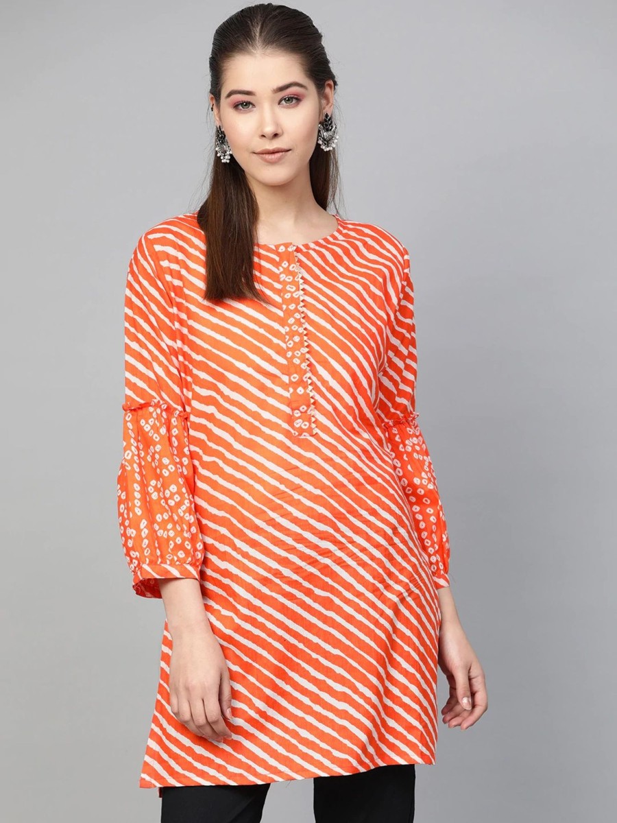 Women Wahe-NOOR | Women'S Orange U0026 White Striped Tunic - Wahe-Noor