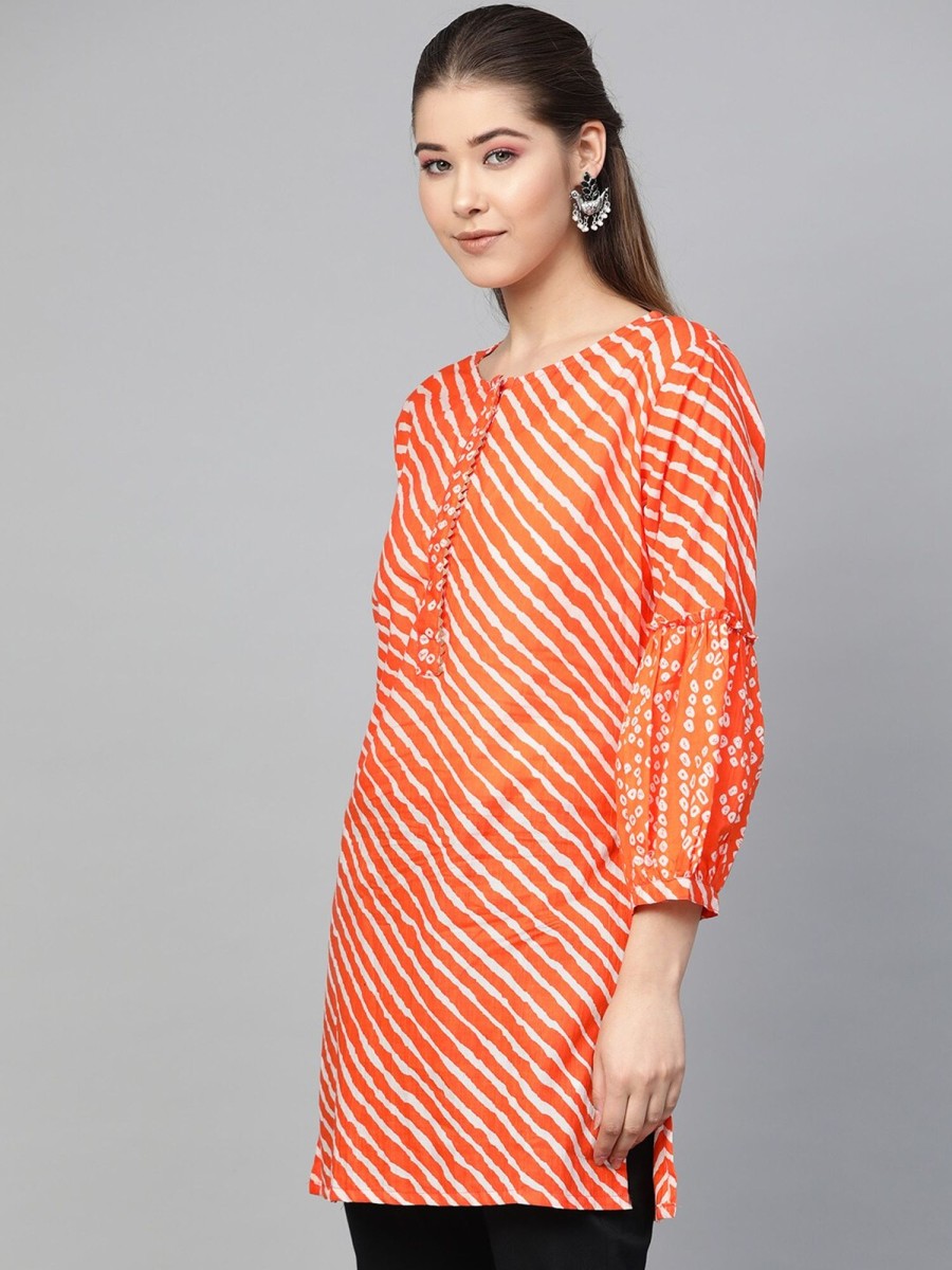 Women Wahe-NOOR | Women'S Orange U0026 White Striped Tunic - Wahe-Noor