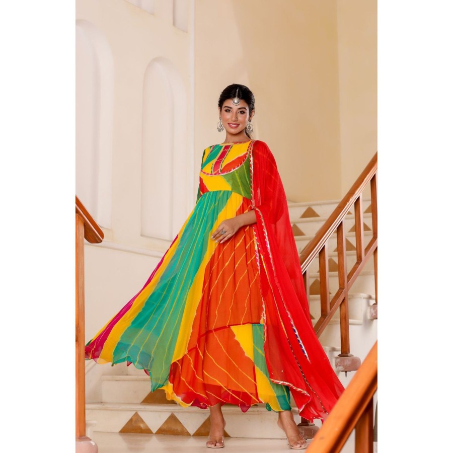 Women Rangpur | Women'S Multicolor Leheriya Anarkali Kurta With Dupatta - Rangpur Multi Color