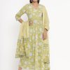 Women Miravan | Women'S Cotton Floral Print Anarkali Kurta With Dupatta - Miravan Yellow