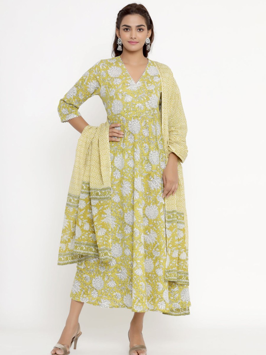 Women Miravan | Women'S Cotton Floral Print Anarkali Kurta With Dupatta - Miravan Yellow