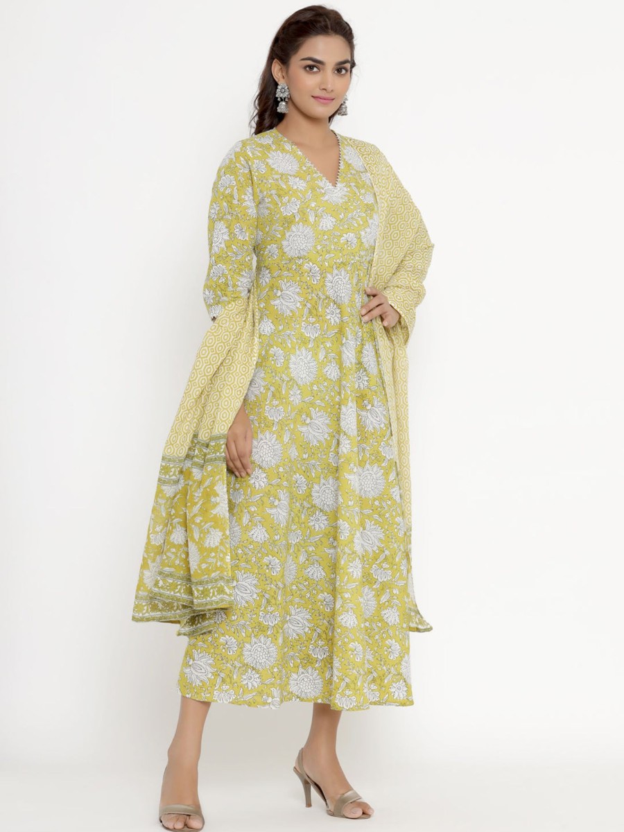 Women Miravan | Women'S Cotton Floral Print Anarkali Kurta With Dupatta - Miravan Yellow