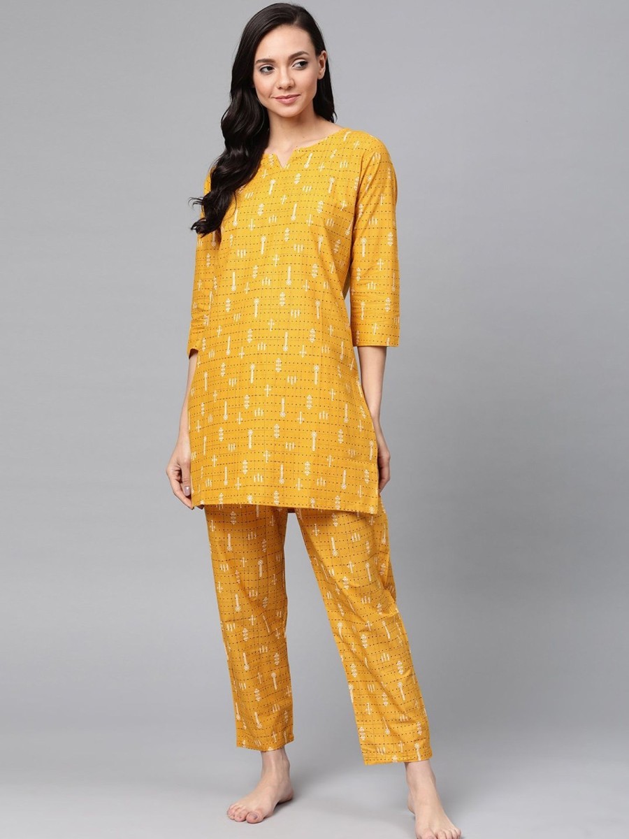 Women Final Clearance Sale | Women'S Yellow U0026 Black Pure Cotton Printed Night Suit - Final Clearance Sale Mustard