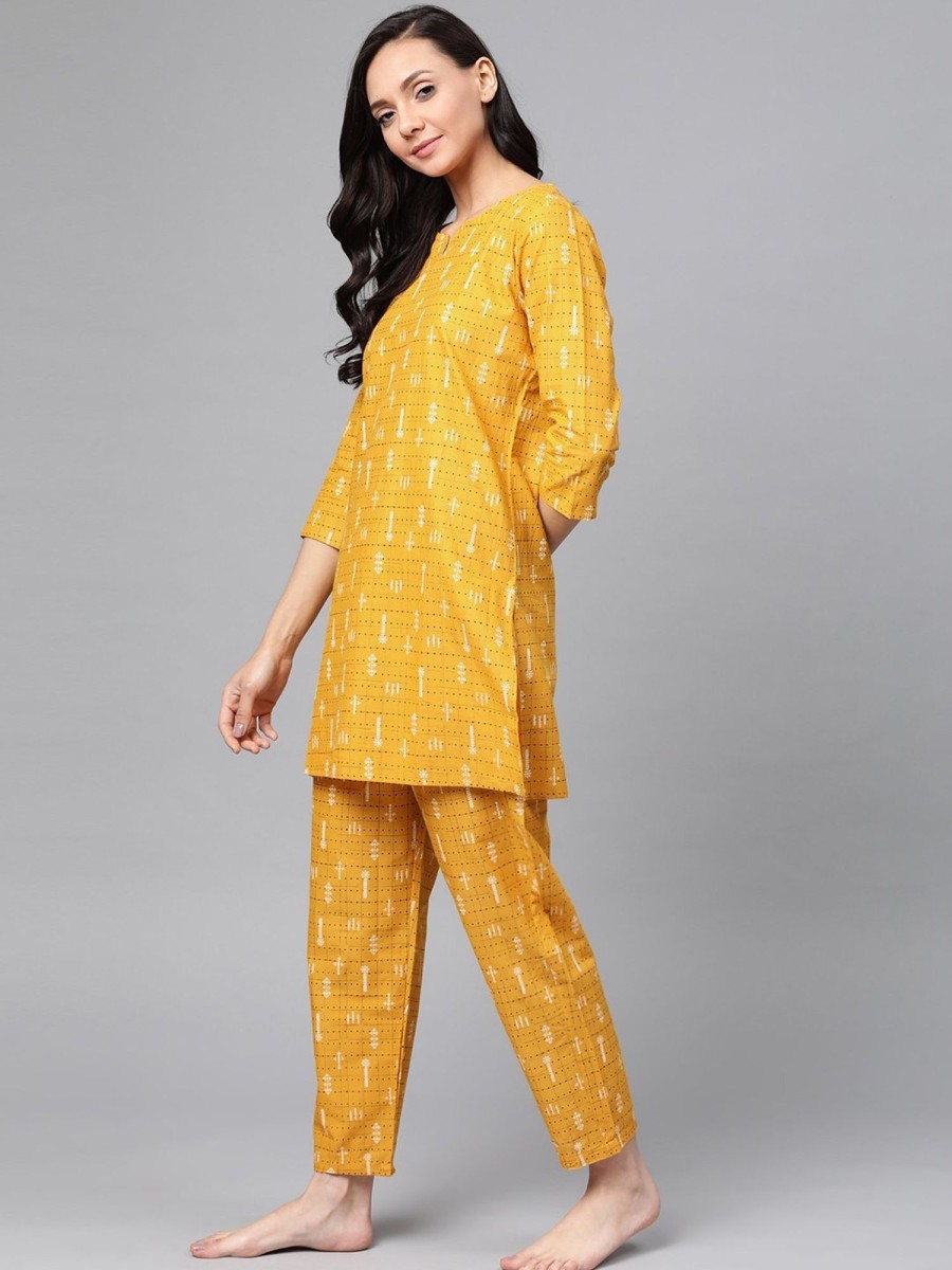 Women Final Clearance Sale | Women'S Yellow U0026 Black Pure Cotton Printed Night Suit - Final Clearance Sale Mustard