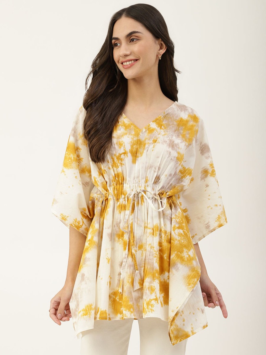 Women DECKEDUP | Women'S Shaded Tie-Dye Kaftan Top With Fornt Tie-Up And Smart Look - Deckedup Yellow