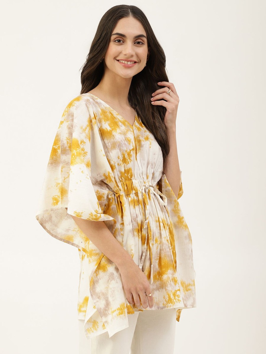 Women DECKEDUP | Women'S Shaded Tie-Dye Kaftan Top With Fornt Tie-Up And Smart Look - Deckedup Yellow