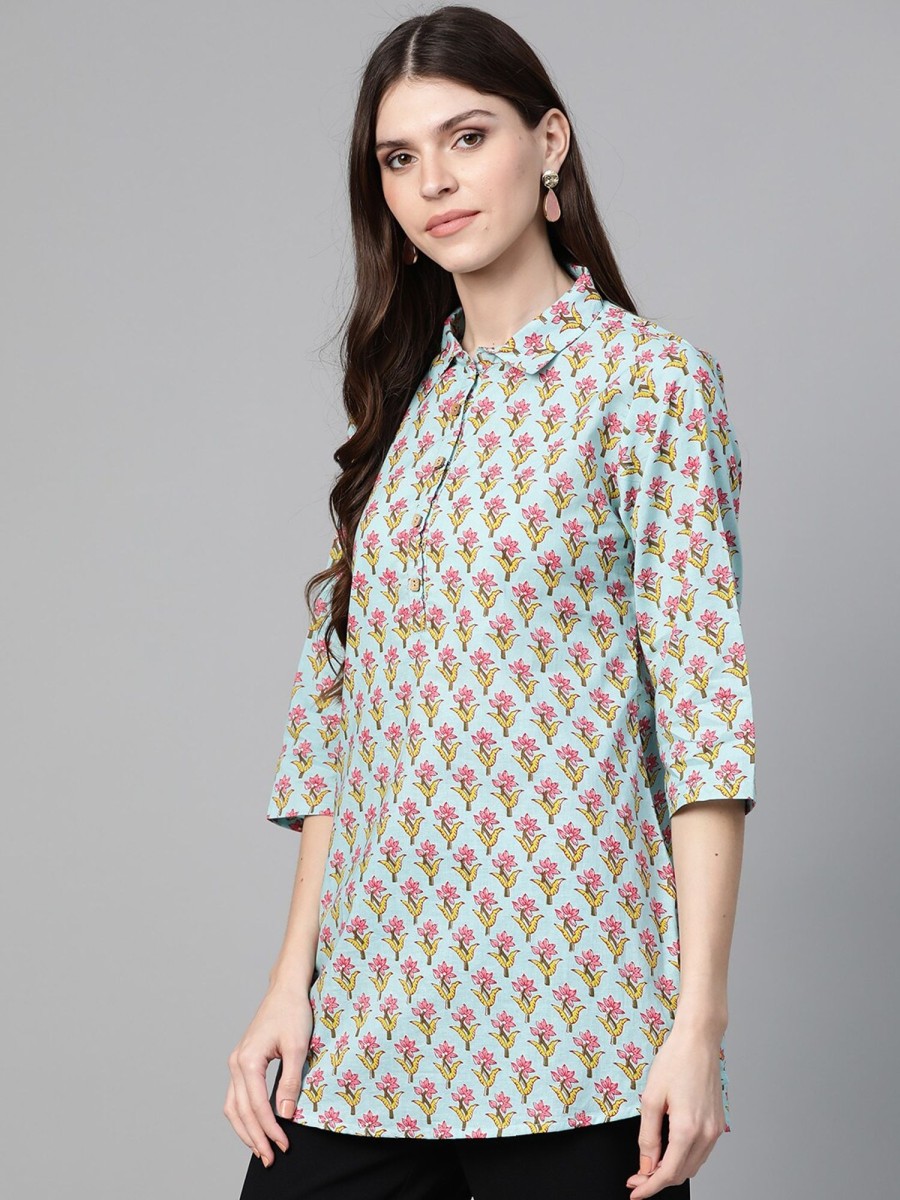 Women Wahe-NOOR | Women'S Blue U0026 Pink Floral Print Shirt Tunic - Wahe-Noor