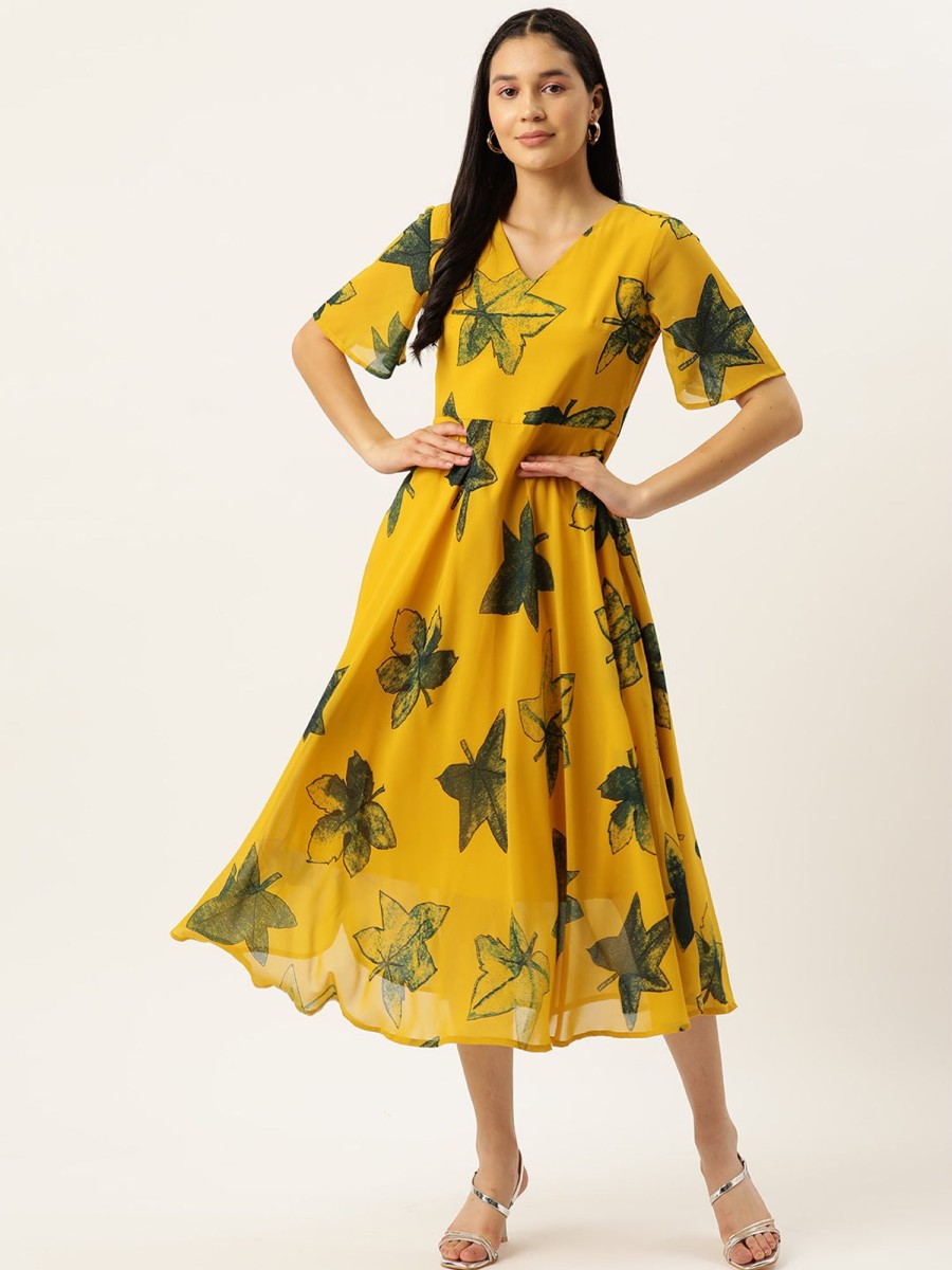 Women VAABA | Women'S V-Neck Ethnic Dress Dress - Vaaba Usa Yellow