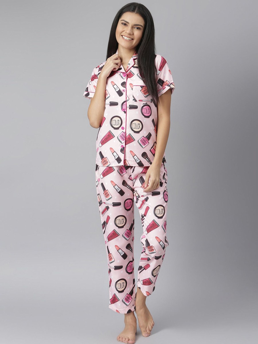 Women StyleStone | Women'S Makeup Digital Printed Night Suit Set - Stylestone Pink