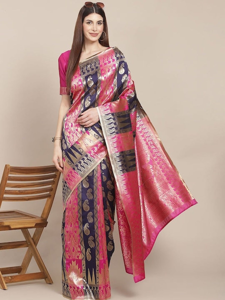 Women Varanga | Women'S ::Pink Color Banarasi Silk Saree With Blouse - Varanga Purple