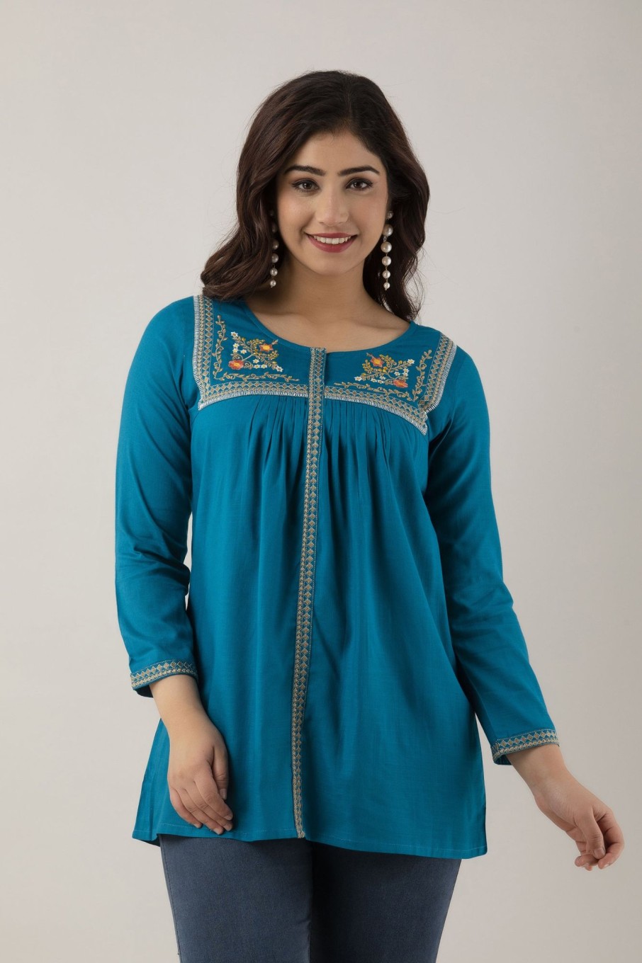 Women Charu | Women'S Embroidered Viscose Rayon Regular Top (Teal ) - Charu Blue