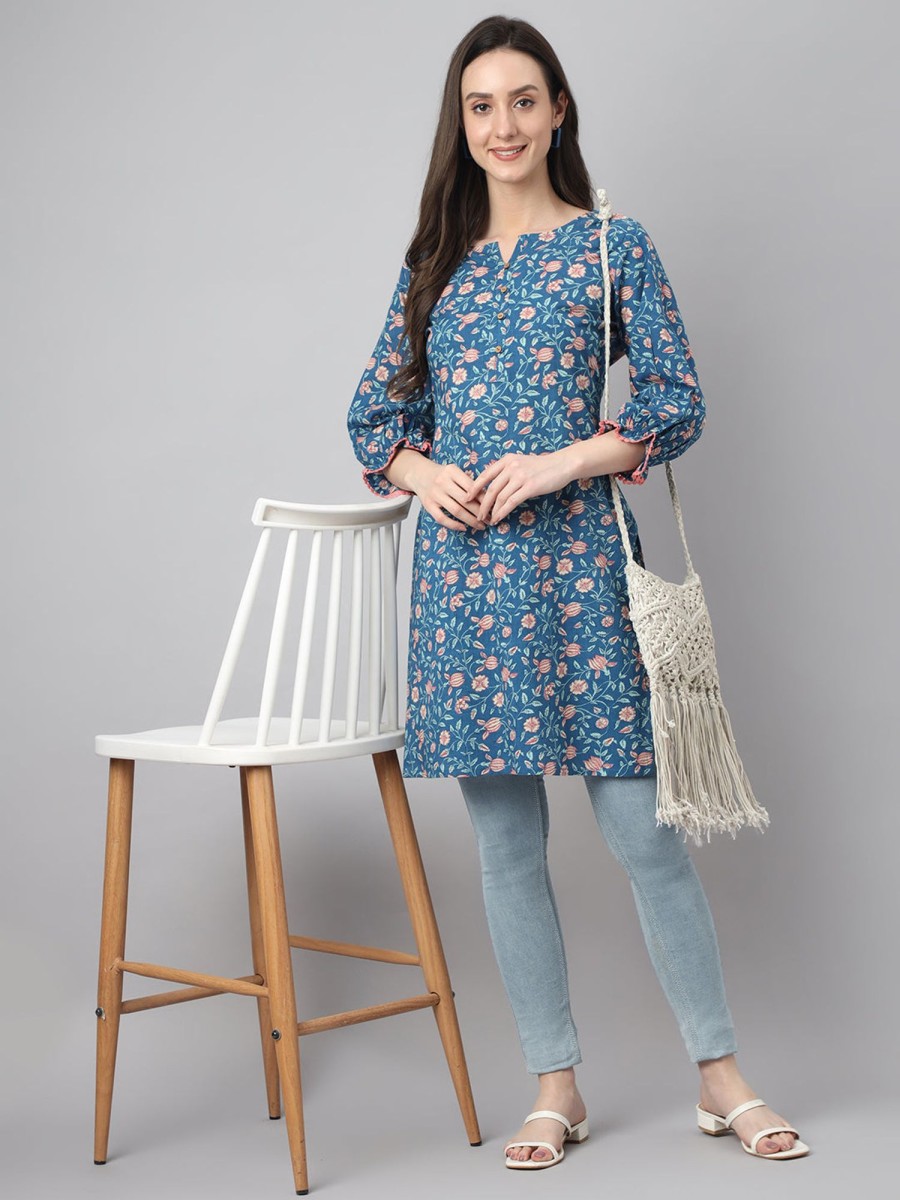 Women Janasya | Women'S Floral Print Cotton Tunics - Janasya Blue