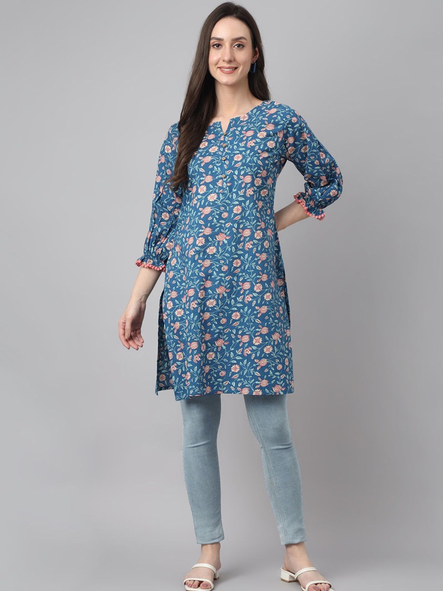 Women Janasya | Women'S Floral Print Cotton Tunics - Janasya Blue