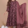 Women Miravan | Women'S Plus Size Stunning Bell Sleeve Floral Printed Anarkali Kurta Dupatta - Miravan Maroon