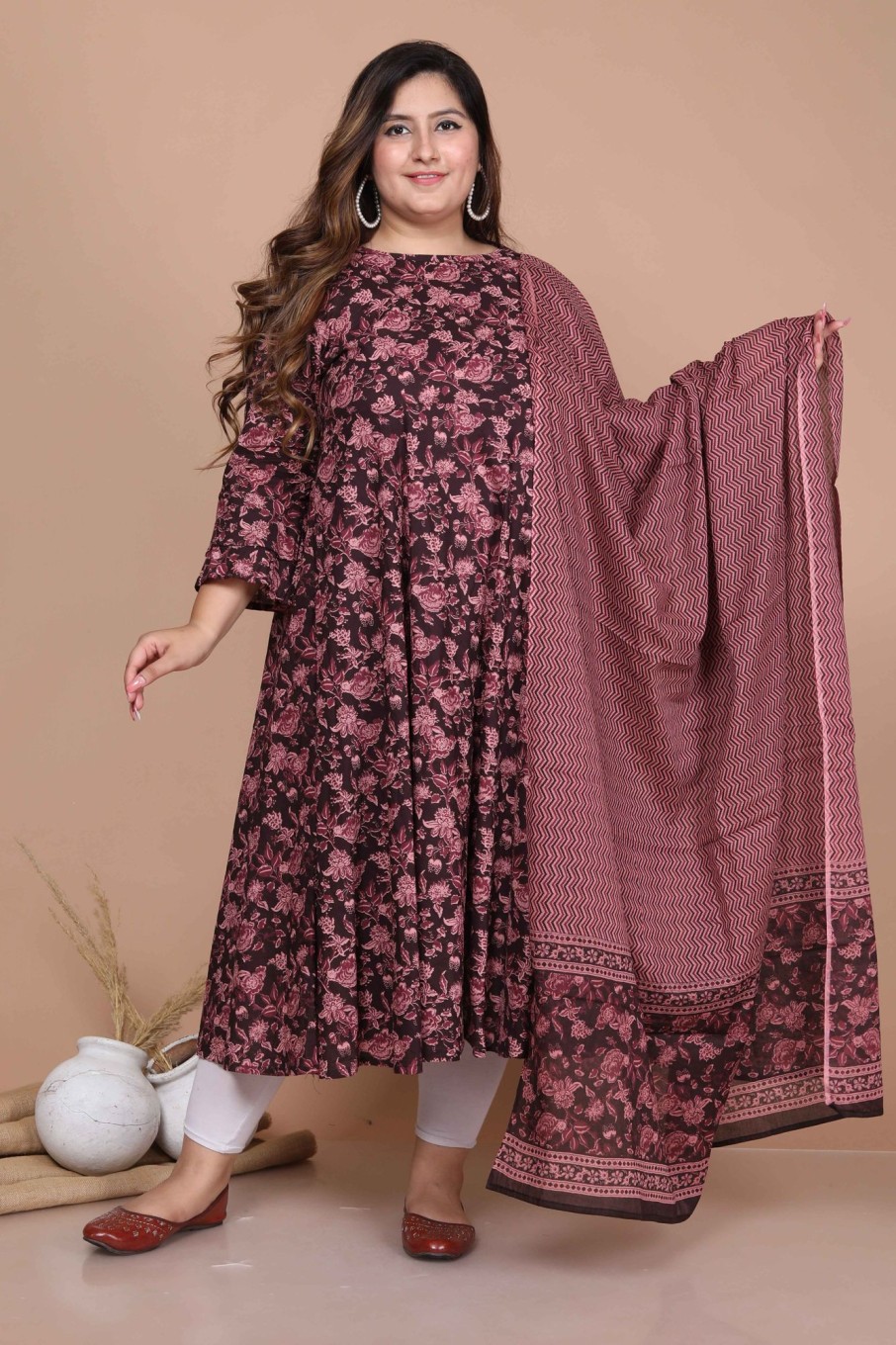 Women Miravan | Women'S Plus Size Stunning Bell Sleeve Floral Printed Anarkali Kurta Dupatta - Miravan Maroon