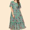 Women Vbuyz | Women'S Printed Anarkali Georgette Aqua Green Stitched Kurta (1Pc) - Vbuyz