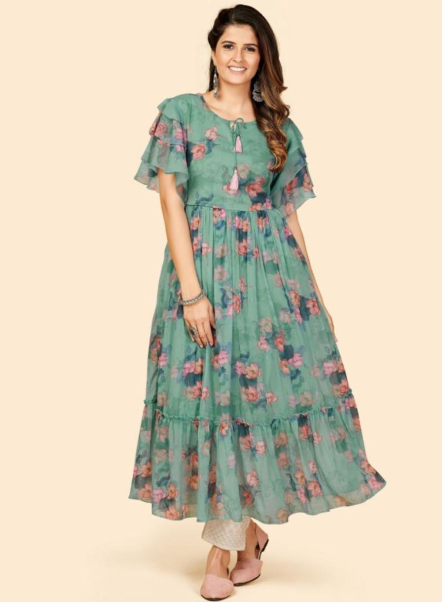 Women Vbuyz | Women'S Printed Anarkali Georgette Aqua Green Stitched Kurta (1Pc) - Vbuyz