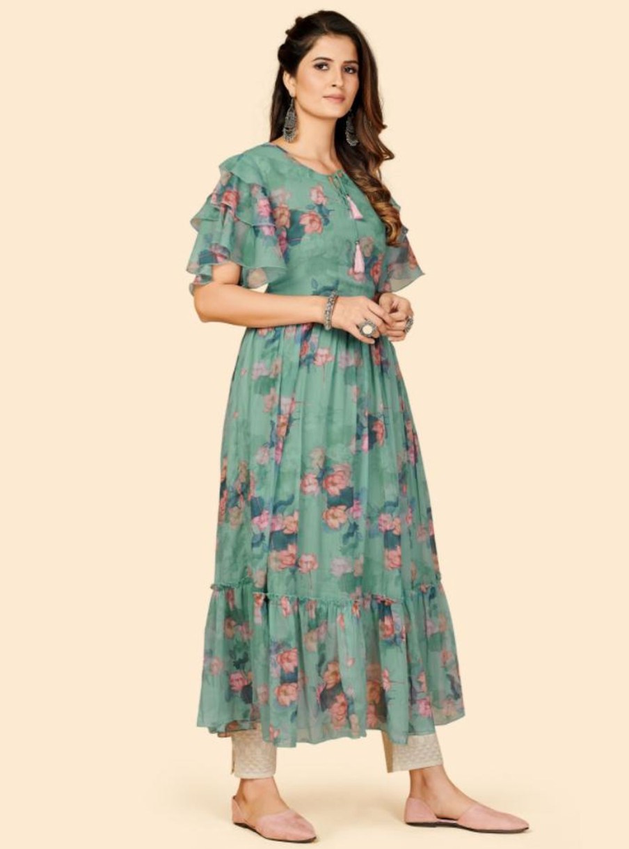 Women Vbuyz | Women'S Printed Anarkali Georgette Aqua Green Stitched Kurta (1Pc) - Vbuyz