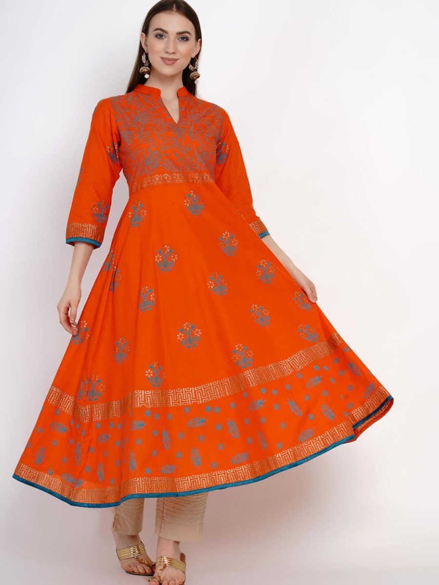 Women NOZ2TOZ | Women'S Orange Ajrakh Hand Block Cotton Anarkali With Turquoise Print - Noz2Toz