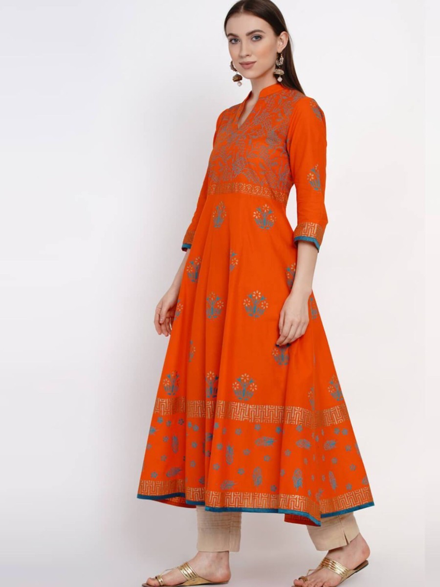 Women NOZ2TOZ | Women'S Orange Ajrakh Hand Block Cotton Anarkali With Turquoise Print - Noz2Toz