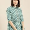 Women SASSAFRAS | Women'S Teal Printed Front Button Gathered Top - Sassafras