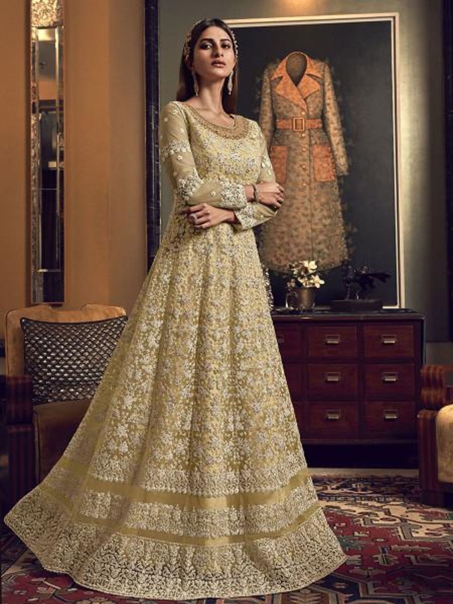 Women Myracouture | Women'S Mustard Yellow Heavy Embroidered Party Wear Suit - Myracouture