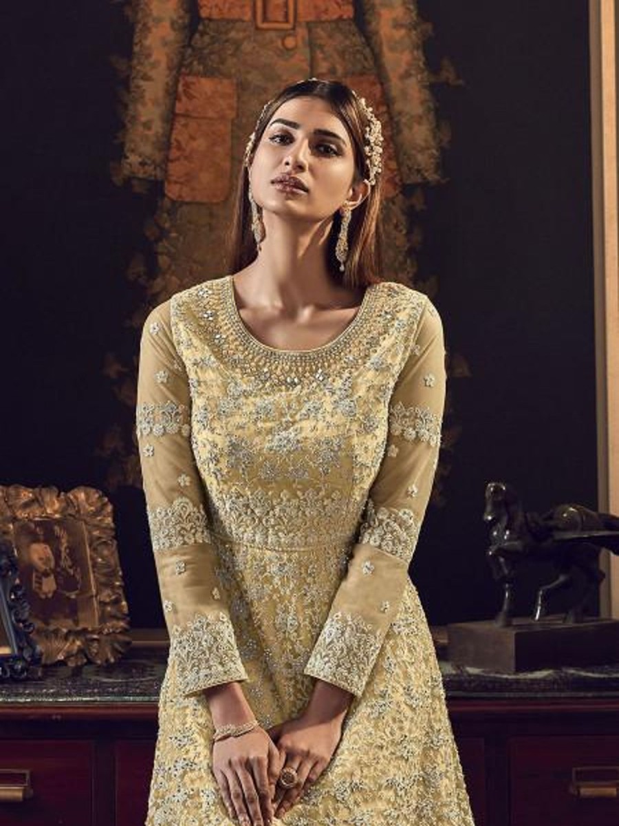 Women Myracouture | Women'S Mustard Yellow Heavy Embroidered Party Wear Suit - Myracouture