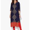 Women NOZ2TOZ | Women'S Indigo And Golden Ajrakh Hand Block Cotton Printed Straight Kurta - Noz2Toz