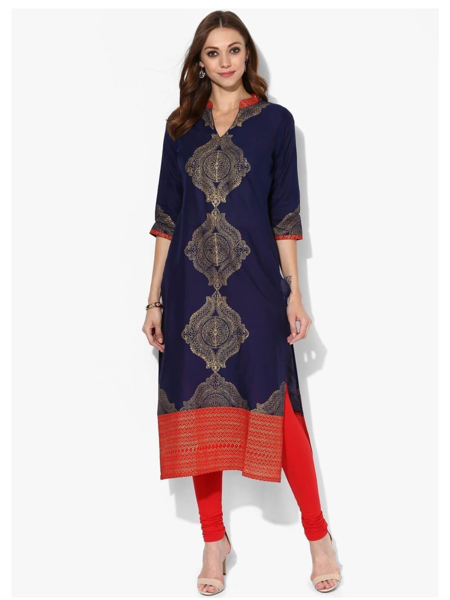 Women NOZ2TOZ | Women'S Indigo And Golden Ajrakh Hand Block Cotton Printed Straight Kurta - Noz2Toz