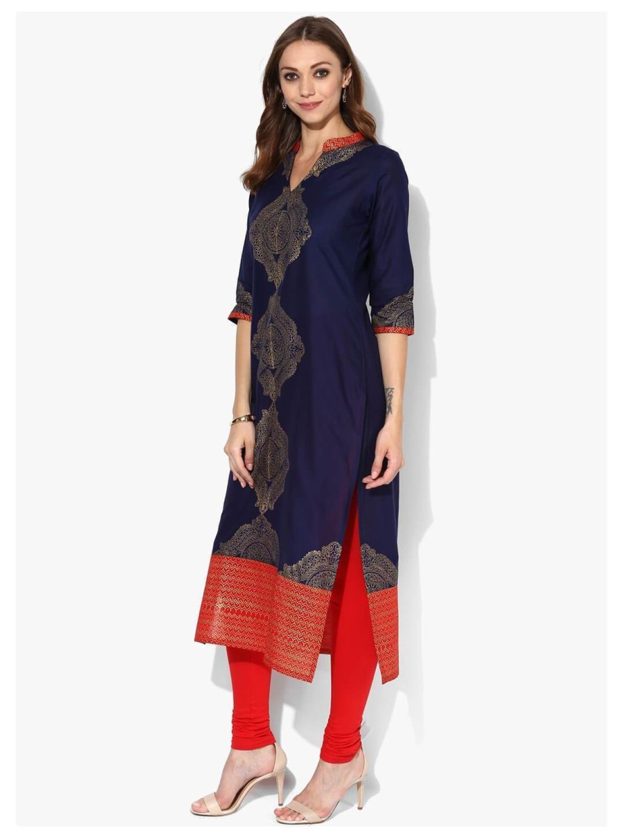 Women NOZ2TOZ | Women'S Indigo And Golden Ajrakh Hand Block Cotton Printed Straight Kurta - Noz2Toz