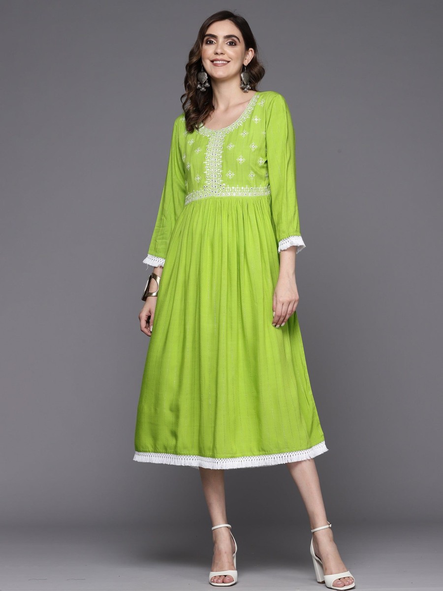 Women Indo Era | Women'S Embroidered A-Line Ethnic Dress - Indo Era Green