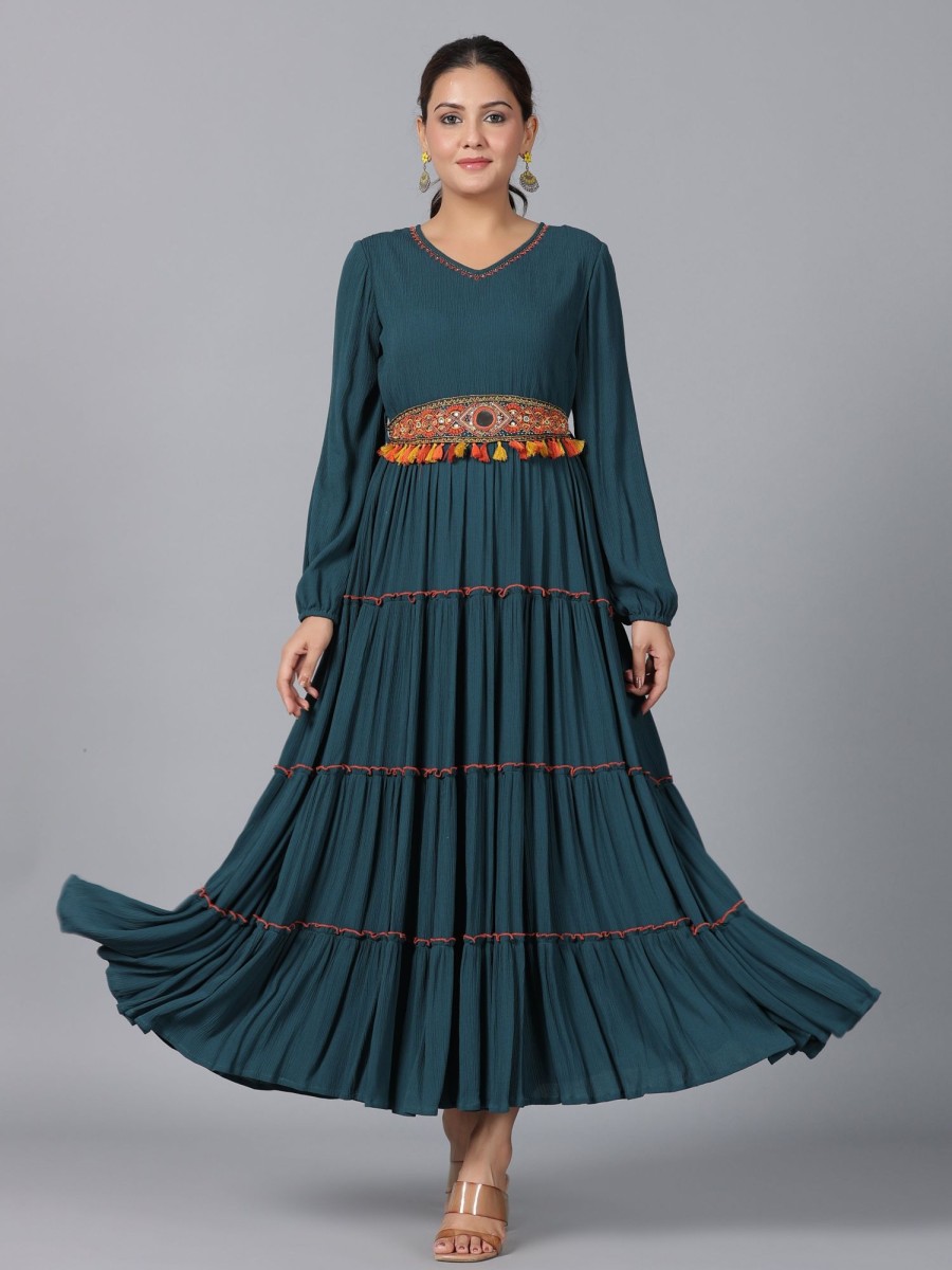 Women Juniper | Women'S Bottle Rayon Crepe Tiered Maxi Dress - Juniper Green