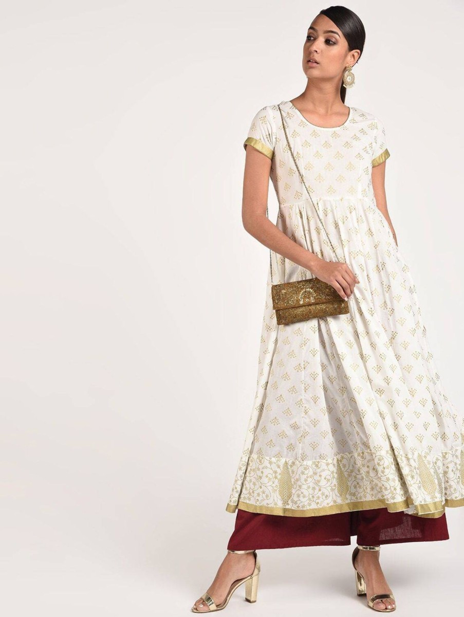 Women CHEERA | Women'S Off-White Cotton Beautiful Gold Print Back Dori Latkan Anarkali Kurta Only - Cheera Off White