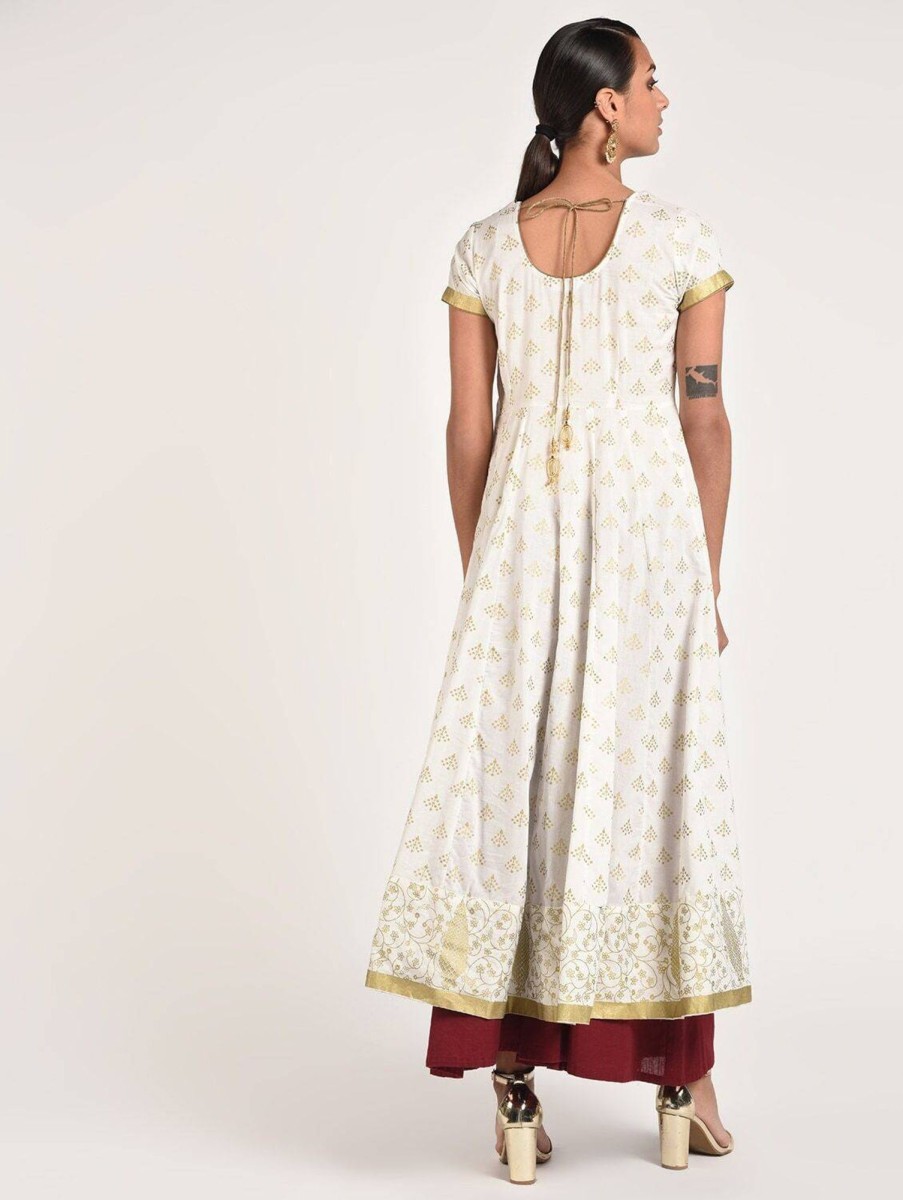 Women CHEERA | Women'S Off-White Cotton Beautiful Gold Print Back Dori Latkan Anarkali Kurta Only - Cheera Off White