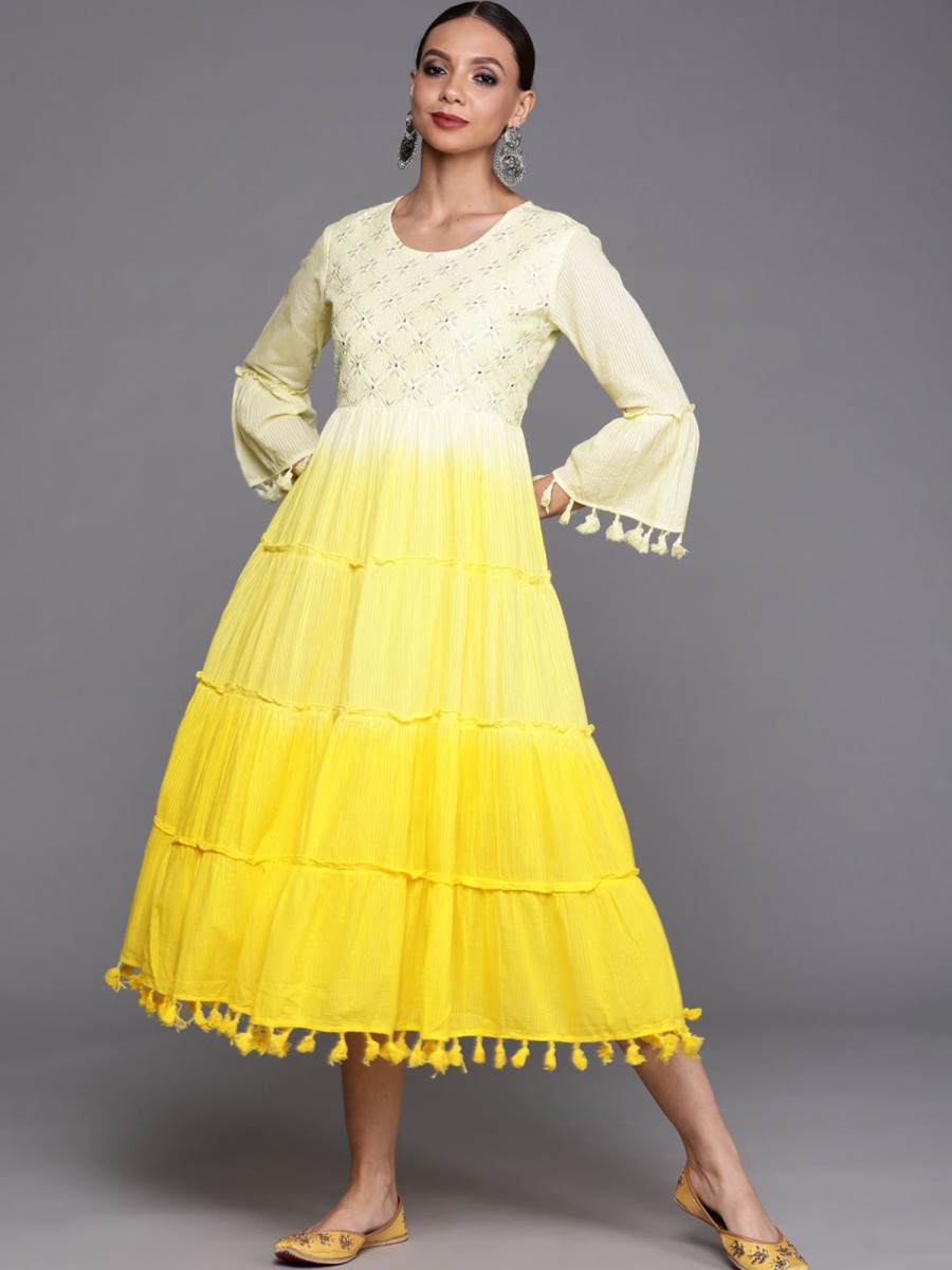 Women Indo Era | Women'S Floral Embroidered A-Line Dress - Indo Era Yellow