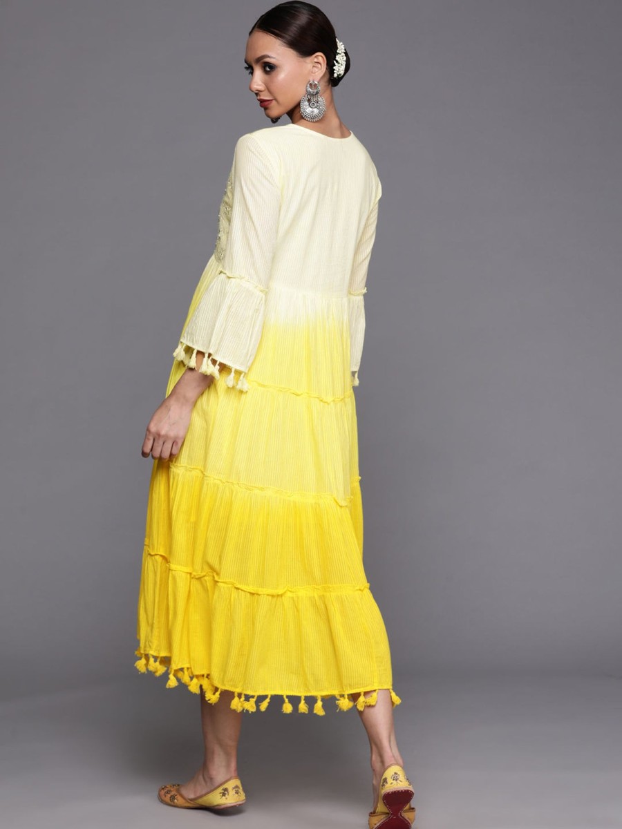 Women Indo Era | Women'S Floral Embroidered A-Line Dress - Indo Era Yellow