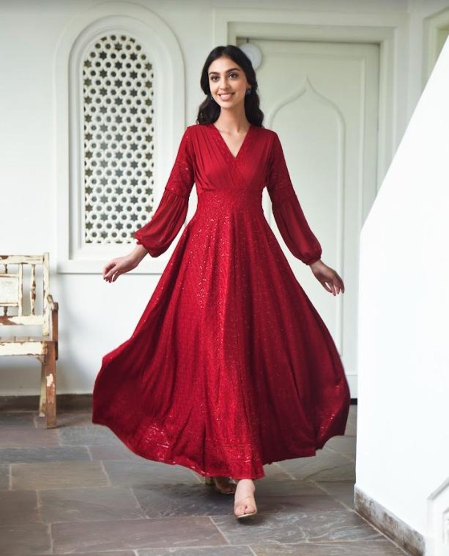 Women Saras The Label USA | Women'S Embroidered Red Gown (1Pc) - Saras The Label Usa