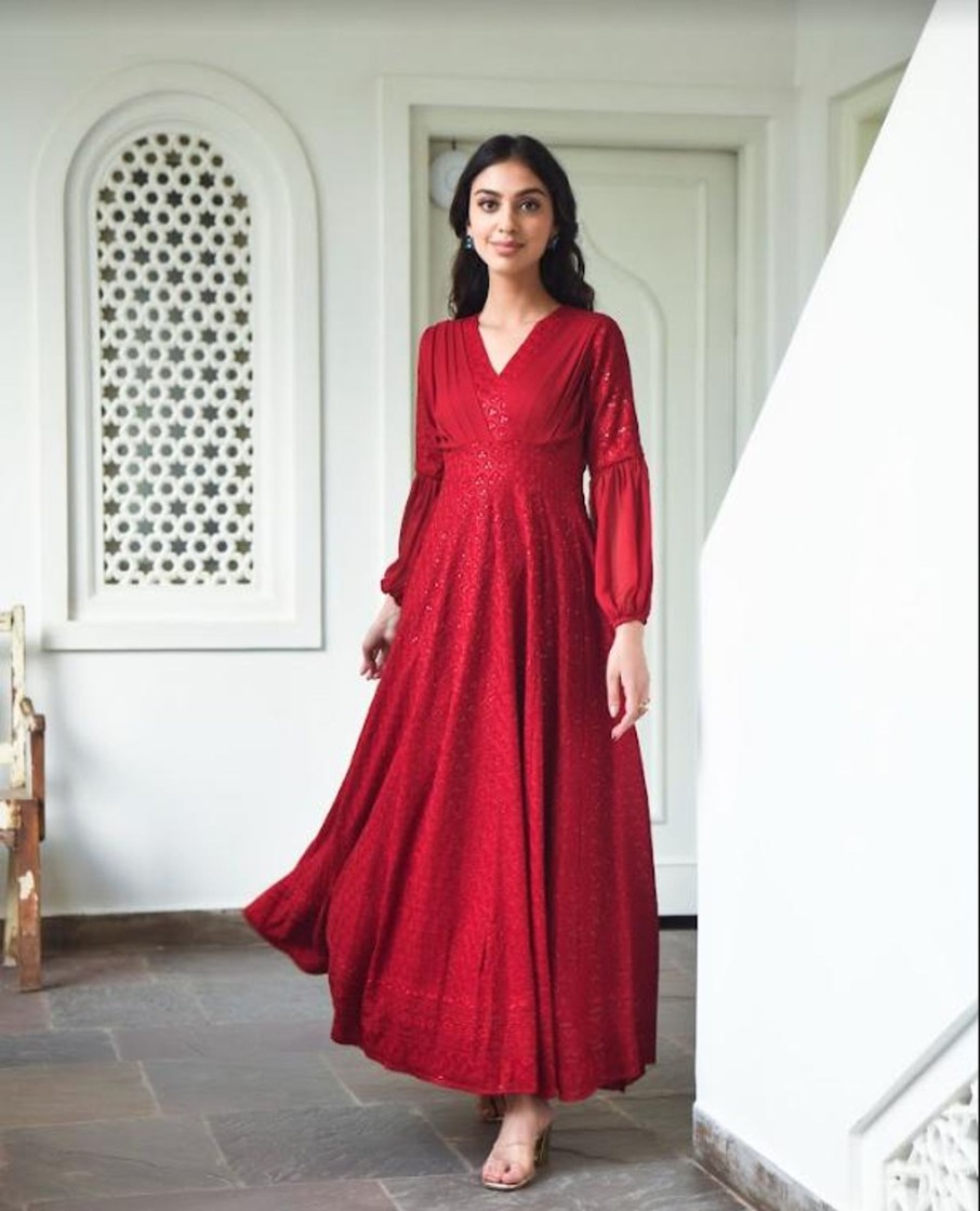 Women Saras The Label USA | Women'S Embroidered Red Gown (1Pc) - Saras The Label Usa