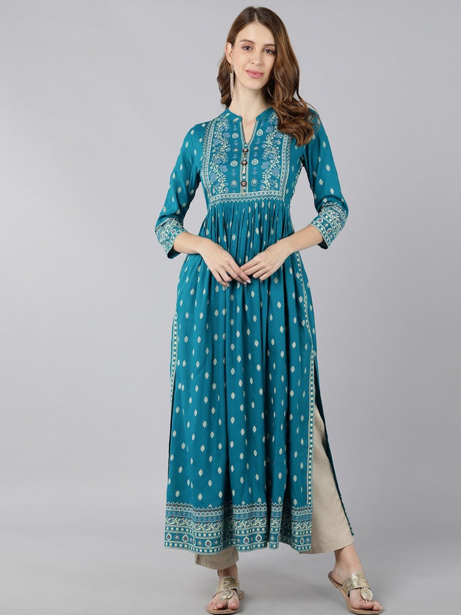 Women Kipek | Women'S Rayon Printed A-Line Kurta (Turquoise) - Kipek Blue