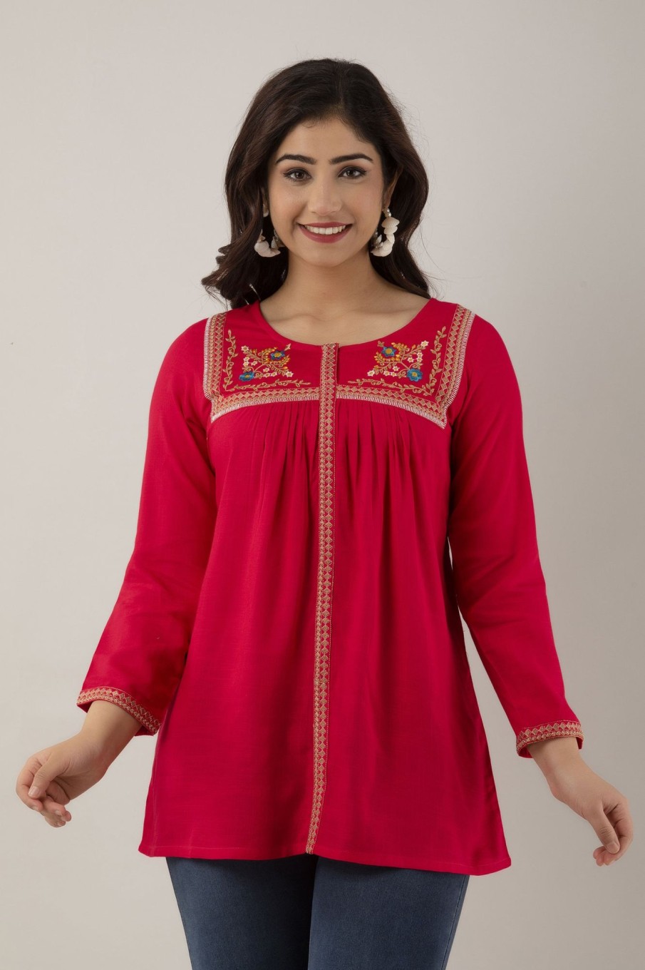 Women Charu | Women'S Embroidered Viscose Rayon Regular Top (Rani) - Charu Pink